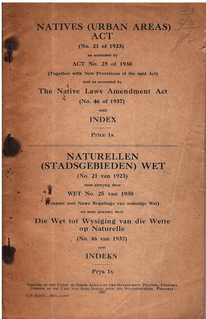 NATIVES (URBAN AREAS) ACT (No. 21 of 1923)
